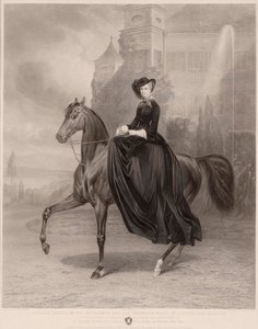 Ridesportræt af Elizabeth af Bayern (1837-1898) (kejserinde af Østrig, almindeligvis kendt som Sissi). Værk af Andreas Johann Fleischmann (1811-1878), stik på kobber af Andreas Johann Fleischmann