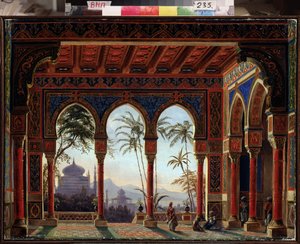 Scenedesign til operaen Ruslan og Lyudmila af M Glinka - Maleri af Andreas Leonhard Roller (1805-1891), olie på lærred