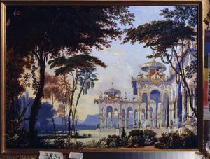 Palads - Forberedende indretning til operaen "Rouslan og Lyudmila" af Mikhail Glinka (1804-1857) - Scenografi til operaen Ruslan og Lyudmila af M Glinka - Værk af Andreas Leonhard Roller (1805-1891), akvarel og gouache på papir