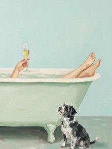 Hund med champagne i badet