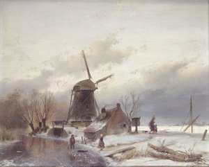 Et frosset flodlandskab med en vindmølle af Andreas Schelfhout