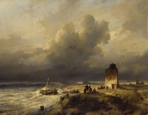 Et skibs stranding ved Scheveningen i stormvejr af Andreas Schelfhout