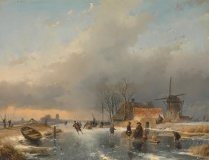Et vinterlandskab, til højre en mølle og boliger ved en frossen kanal af Andreas Schelfhout