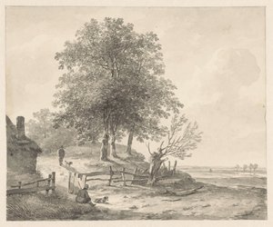 Landskab med et hus på en bakke af Andreas Schelfhout