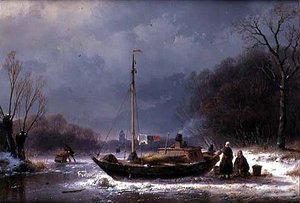 Bønder ved en båd på en frossen flod (olie på lærred)