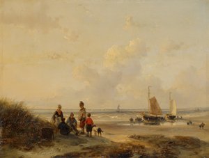 Hvilende fiskere på en strand i klart vejr af Andreas Schelfhout