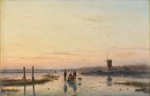 Vindmølle ved siden af en frossen flod af Andreas Schelfhout