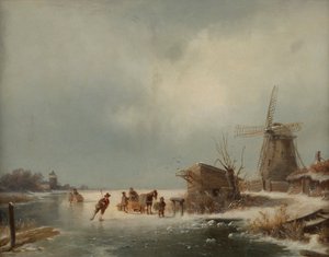 Vinterlandskab med skøjteløbere af Andreas Schelfhout