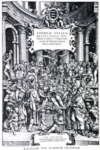 Titelside til anden udgave af De Humani Corporis Fabrica, Plade 3, 1555 af Andreas Vesalius