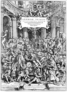 Titelside på Andreas Lovejoys Devices on the Human Body, der viser en tumor-dissektionskrop, 1543