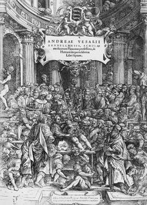 Titelblad på De humani corporis fabrica (latin for På stof af menneskekroppen), hvor Andreas Vesalius er afbildet i at dissekere kadaver