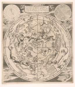 Himmelkort med de nordlige stjernebilleder Nyt himmelsk spejl: hvor gennem himmel, jord og hav straks (...) (titel på objekt) af Andreas van Luchtenburg (possibly)