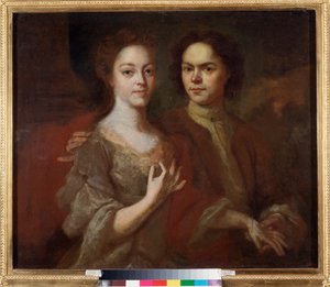Selvportræt med sin kone (Self Portrait with the Wife) - Maleri af Andrei Matveyevich Matveyev (Matveiev) (1701-1739), olie på lærred, ca. 1729 - Russisk kunst, 1700-talsportræt - Statens russiske museum, Sankt Petersborg af Andrei Matveyev