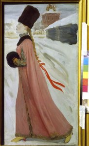 Ung Moskva-pige i det 17. århundrede (Moscow Girl of the 17th Century). Portræt af en Boyard (boiard, boiar) aristokrat, der går arrogant ned ad en snedækket gade. Værk af Andrei Petrovich Ryabushkin (Riaboutchkine) (1861-1904), olie på pap