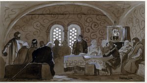 Dumaen på Boyarernes tid (boiards, boiars) (The Boyar Duma). Rådgivende råd for prinser af Kievan Rus (Ruthenia) på tidspunktet for zar Michael I af Rusland (1596-1645). Værk af Andrei Petrovich Ryabushkin (Riaboutchkine) (1861-1904), aquare