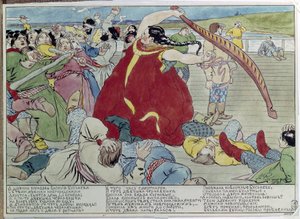 Tjeneren slog Novgorodianerne (Maid slog Novgorodians). Illustration af en traditionel fortælling fra mytologien med en heltinde, der forsvarer det russiske folks frihed og uafhængighed. Værk af Andrei Petrovich Ryabushkin (Riabutchkin) (1801- af Andrei Petrovich Ryabushkin