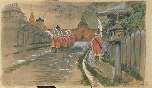 Strelets patrulje ved Ilyinsky-portene i det gamle Moskva, 1897 af Andrei Petrovich Ryabushkin
