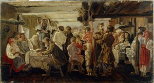 Et bondebryllup i Tambov-regionen (Rusland). (Bønderbryllup i Tambov-regionen). Maleri af Andrei Petrovich Ryabushkin (Riaboutchkine) (1861-1904), olie på lærred, ca. 1880. Russisk kunst fra det 19. århundrede. Statens Tretyakov-galleri, Moskva. af Andrei Petrovich Ryabushkin