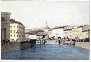 Le pont Bolshoi Koniushennyi a Sankt Petersborg. (Bolshoi Koniushennyi-broen i Sankt Petersborg). Lithographie et aquarelle af Andrei Yefimovich Martynov (1768-1826)