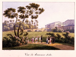""Udsigt over Cameron Gallery i parken i Tsarskoye Selo"" af Andrei Yefimovich Martynov (1768-1826), Pen, pensel, akvarel, blæk og hvid farve på papir før 1817-State Tretyakov Gallery, Moskva af Andrei Yefimovich Martynov