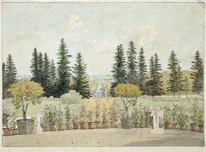 Udsigt fra terrassen til det store Oranienbaum-palads i Lomonossov, byområdet Sankt Petersborg (Udsigt fra terrassen til det store Oranienbaum-palads). Værk af Andrei Yefimovich Martynov (1768-1826), akvarel på papir af Andrei Yefimovich Martynov