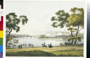 Udsigt over paladset på Stone Island (eller Kamenny Island) i Sankt Petersborg (Udsigt over Kamenny Island Palace i Sankt Petersborg). Litografi og akvarel af Andrei Yefimovich Martynov (1768-1826)