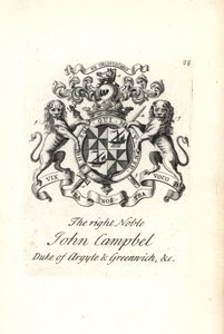 Våbenskjold og våbenskjold af den højre adelige John Campbell, 2. hertug af Argyll og Greenwich,