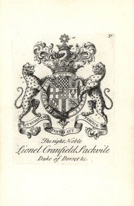 Våbenskjold og våbenskjold af den højre adelige Lionel Cranfield Sackville, hertug af Dorset af Andrew Johnston