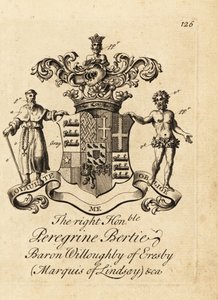 Våbenskjold af den højre ærede Peregrine Bertie, Baron Willoughby af Eresby, markis af Lindsay, 2. hertug af Ancaster og Kesteven af Andrew Johnston