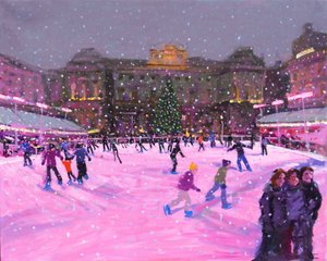Juleskøjteløb, Somerset House med lyserøde lys, 2014 (olie på lærred)(opdateret billede) af Andrew Macara