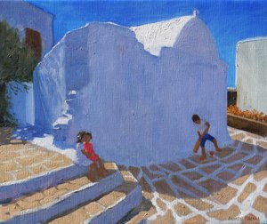 Grille ved kirkemuren,Mykonos ( olie på lærred) af Andrew Macara