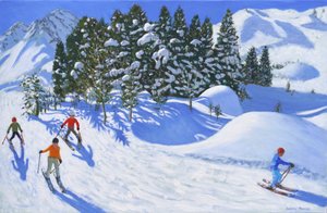 Fire alpine skiløbere, 2024, (olie på lærred) af Andrew Macara