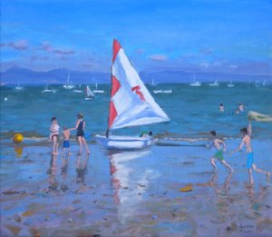 Rød og hvid sejlbåd, Abersoch (olie på lærred) af Andrew Macara
