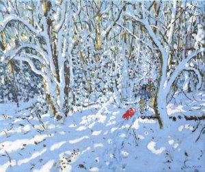 Rød slæde, Allestree Park, Derby, 2022 (olie på lærred) af Andrew Macara