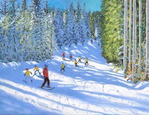 Skitime, Samoens, Frankrig, 2020, (olie på lærred) af Andrew Macara
