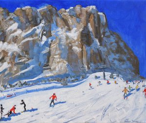 Skiing down the mountain,Selva Gardena, (olie på lærred) af Andrew Macara