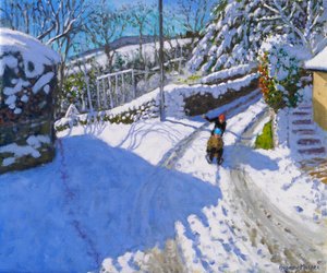 Slædekørsel i Wirksworth, Derbyshire, 2024 (olie på lærred) af Andrew Macara