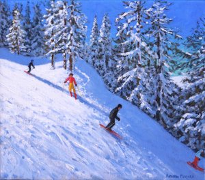 Stejl skråning, Les Arcs, Frankrig, (olie på lærred) af Andrew Macara