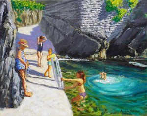 Svømning i havbassinet, Cinque Terre, Italien, 2024 (olie på lærred) af Andrew Macara