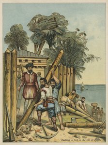 Columbus bygger et fort i Haiti (chromolitho)
