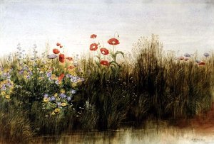 Vilde blomster ved en bæk (akvarel)