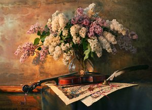 Stilleben med syrin og violin
