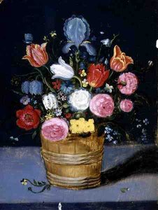 Blomsterstilleben i en træbalje (olie på panel) af Andries Daniels or Danielsz