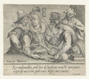 En gammel mand forsøger at købe en ung kvindes kærlighed Unequal Love (serietitel) af Andries Jacobsz. Stock (possibly)