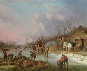 Hollandske bønder på en frossen flod