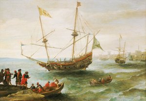 Et algerisk skib ligger for anker i en havn i Barbariet (navn, som europæerne gav Nordafrikas kyst fra det 16. til det 19. århundrede). Oliemaleri af Andries van Eertvelt (1590-1652). af Andries van Eertvelt