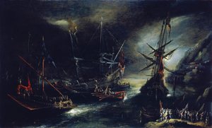 Indskibning af spanske tropper, en hollandsk fortolkning af en spansk ekspedition, afbildet på en imaginær kyst ved Middelhavet af Andries van Eertvelt
