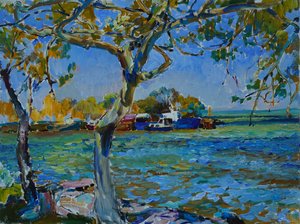 Sunny Riverbank Boats af Andrii Kutsachenko