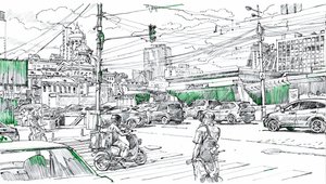 Tegning af bytrafik af Andrii Kutsachenko