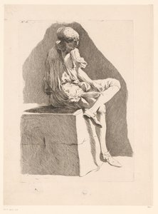 Karikatur af en dreng, der syr sin strømpe Karikaturer efter J. Saly (serietitel) Recueil de caricatures dessinées Par J. Saly et Gravées par A.L. DeLalive D.J. (serietitel) af Ange Laurent de, marquis de Rémoville Lalive
